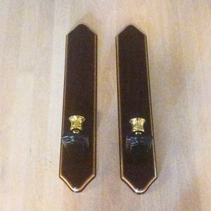 Vintage 80's Gold Trimmed Cherry Wooden Sconces